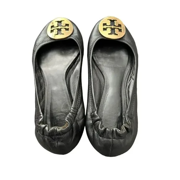 Tory Burch Reva Black Leather Gold Logo Medallion Ballet Flats Size 7 - Picture 3 of 12